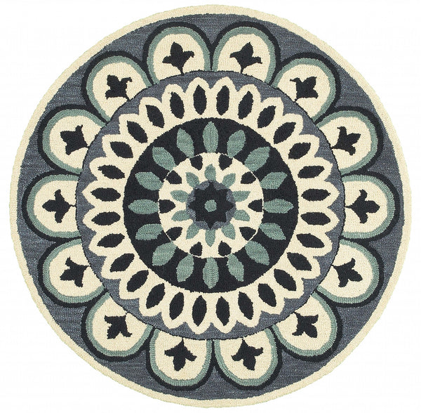 6’ Round Blue Floral Bloom Area Rug