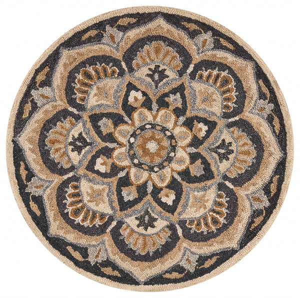 6’ Round Black Flower Blossom Area Rug
