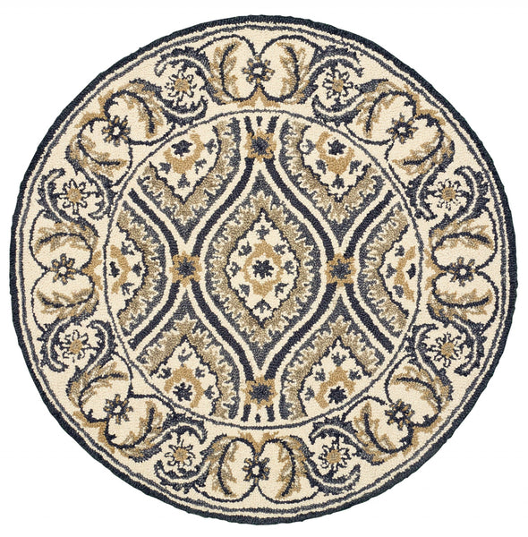 4’ Round Gray and Beige Ogee Pattern Area Rug