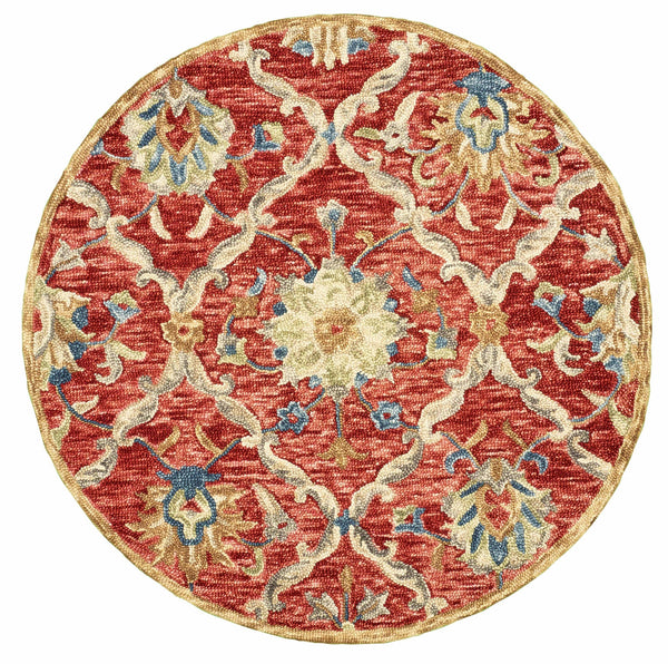 4’ Round Red and Beige Ornate Lattice Area Rug