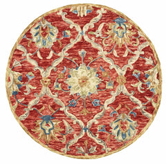 4’ Round Red and Beige Ornate Lattice Area Rug