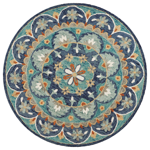 6’ Round Blue Floral Mandala Area Rug