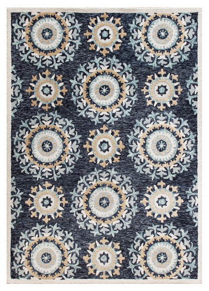 7’ x 9’ Blue and Beige Floral Disc Area Rug