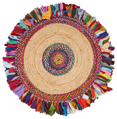 Natural Jute Multicolored Medallion Area Rug with Fringe