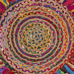 Multicolored Chindi and Natural Jute Fringed Round Rug
