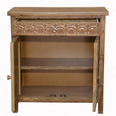 Artisanal Handcarved Natural Wood Accent Storage Cabinet