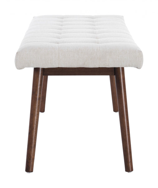 Walnut and Beige Linen Look Modern Retro Bench with Cushion