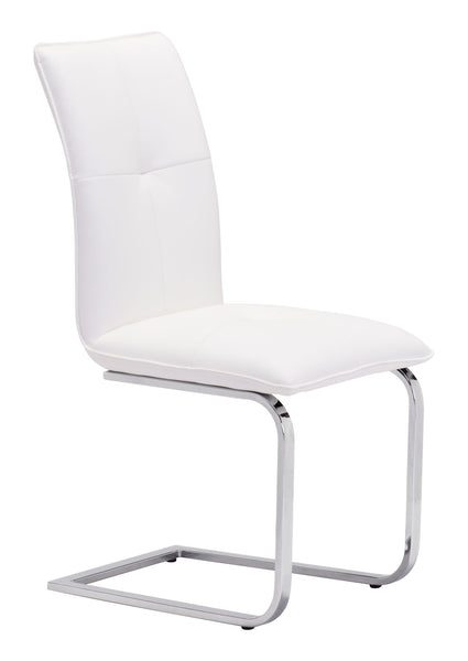 Set of Two White Faux Leather and Chrome Contempo Comfy Dining Chairs