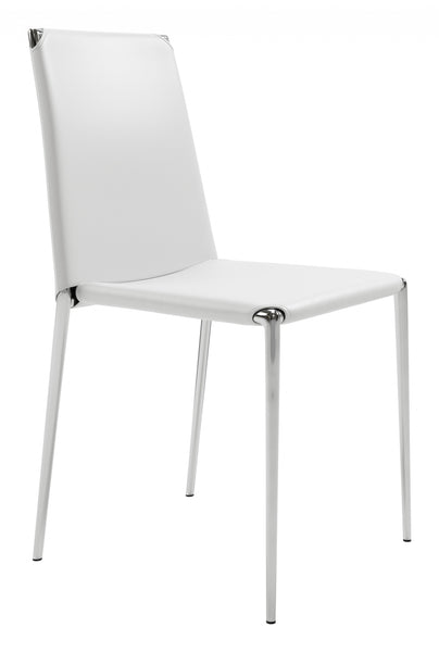 Set of Four White Faux Leather and Steel Standard Stackable Dining or Accent Chairs