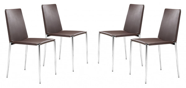 Set of Four Brown Faux Leather and Steel Standard Stackable Dining or Accent Chairs