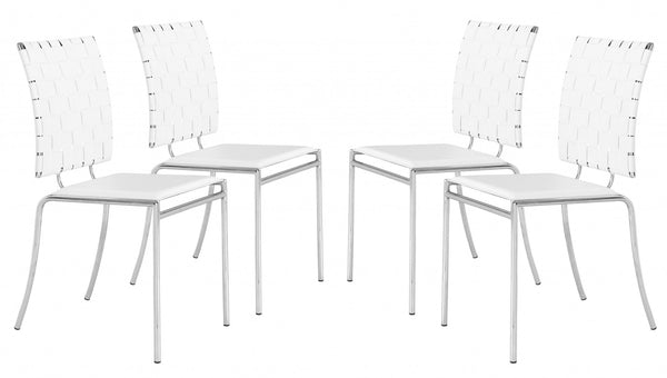 Set of Four White Faux Leather and Steel Modern Basket Weave Dining Chairs