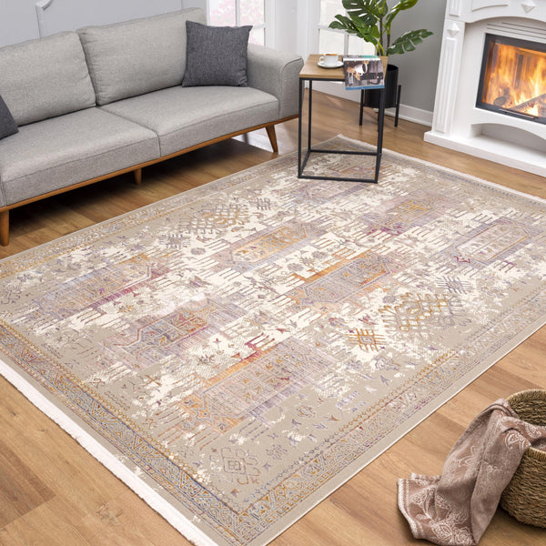 4' x 6' Beige Faded Tribal Motifs Area Rug
