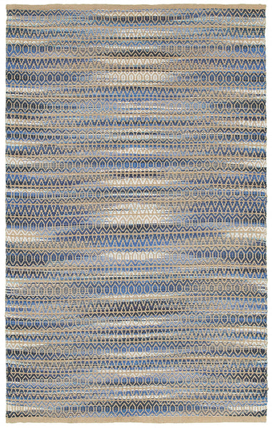 9' x 12' Round Navy and Tan Striated Area Rug