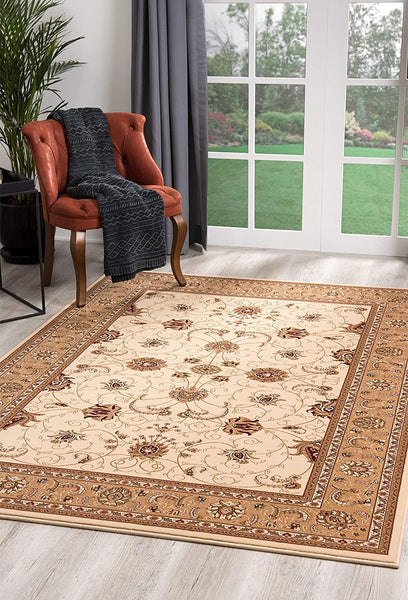 3' x 5' Cream and Tan Ornate Border Area Rug