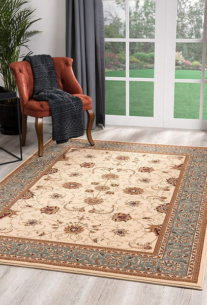 3' x 5' Cream and Blue Traditional Area Rug