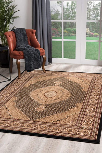 2' x 5' Black and Beige Medallion Area Rug