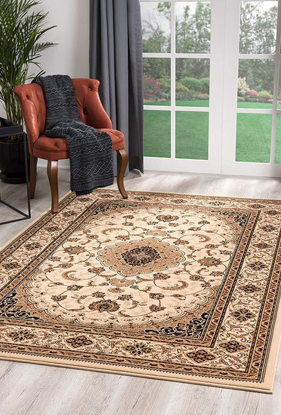7' Round Cream Floral Medallion Area Rug