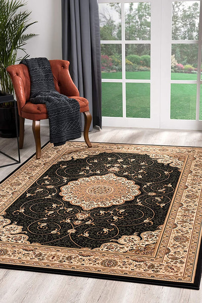 3' x 8' Black and Beige Embellished Runner Rug
