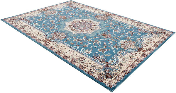 7' Round Blue and Cream Embellished Area Rug