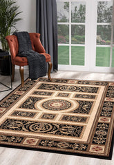 5' Round Black and Beige Traditional Geometric Area Rug