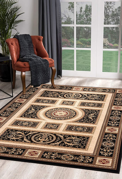 7' Round Black and Beige Traditional Geometric Area Rug