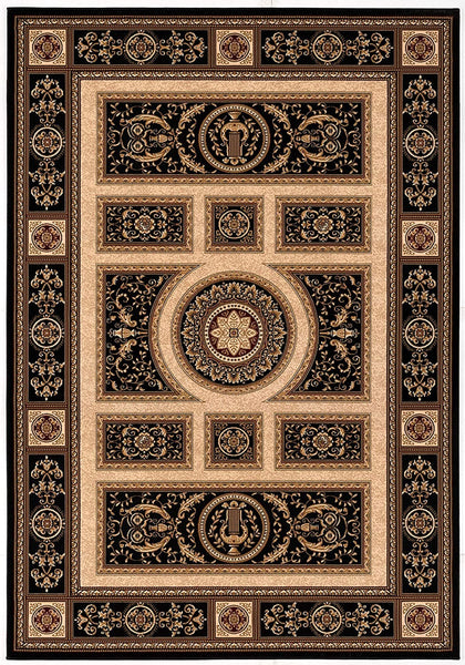 7' Round Black and Beige Traditional Geometric Area Rug