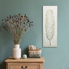 Minimalist Rustic Metal Ivory and Gold Feather Wall Art