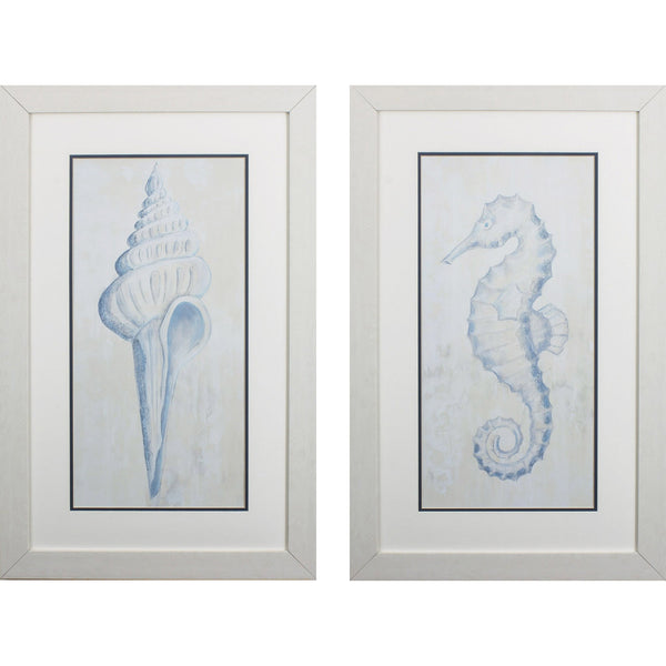 Set of Two Blue Seahorse and Seashell Wall Art