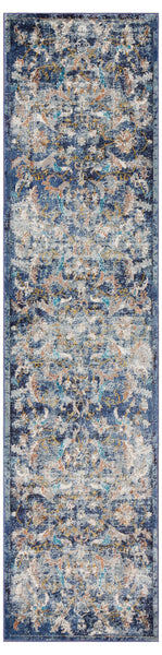 2' x 9' Blue and White Jacobean Pattern Runner Rug