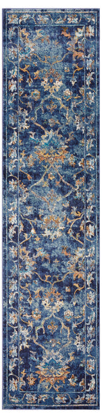 2' x 9' Blue and Gold Jacobean Runner Rug