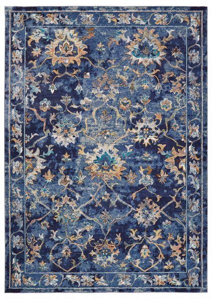 9' x 12' Blue and Gold Jacobean Area Rug