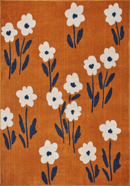 8' x 9' Orange and Ivory Flower Field Area Rug