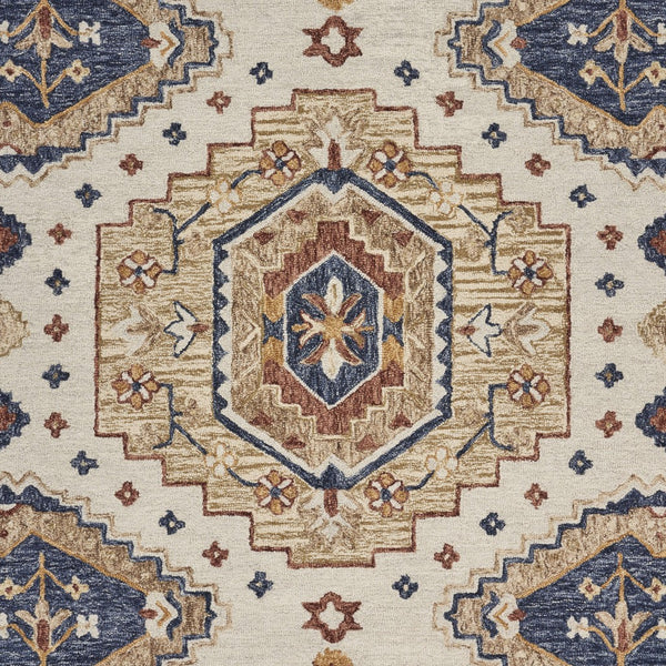 8' Round Gold and Blue Boho Chic Area Rug
