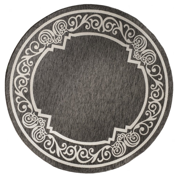 8' Round Black Ornate Border Indoor Outdoor Area Rug
