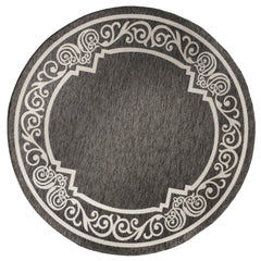 8' Round Black Ornate Border Indoor Outdoor Area Rug
