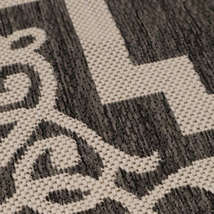 8' Round Black Ornate Border Indoor Outdoor Area Rug