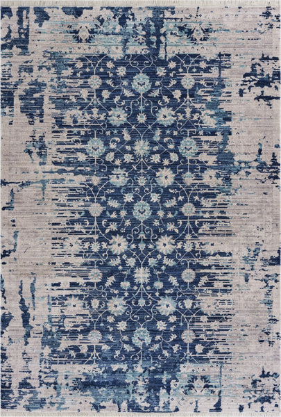5' x 8' Navy Blue Faded Floral Motif Area Rug