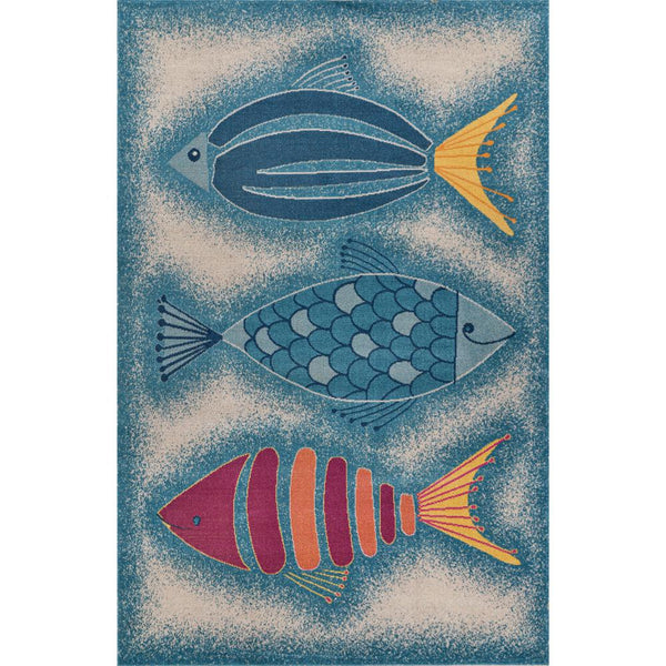 5' x 8' Blue Triple Fish Indoor Outdoor Area Rug