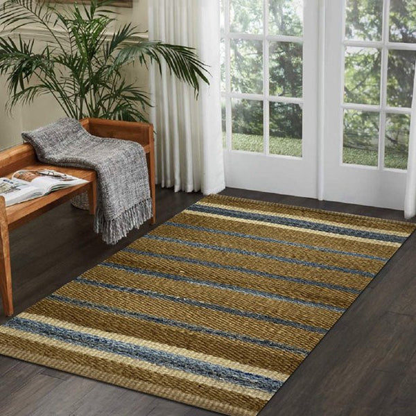 7' x 9' Tan and Blue Striped Area Rug