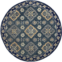5' Round Blue Bordered Floral Motifs Area Rug
