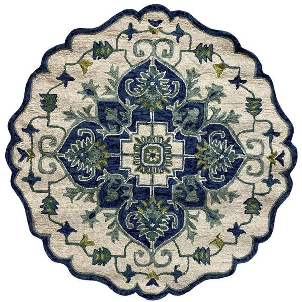 5' Round Cream and Navy Medallion Area Rug