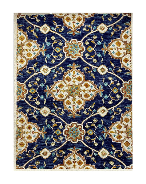 7' x 9' Blue and Gold Intricate Floral Area Rug
