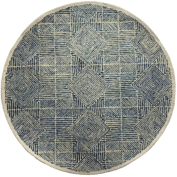 5' Round Blue and Cream Geometric Area Rug