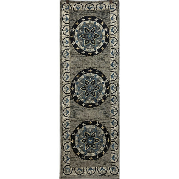 2' x 7' Gray Border Floral Medallion Runner Rug
