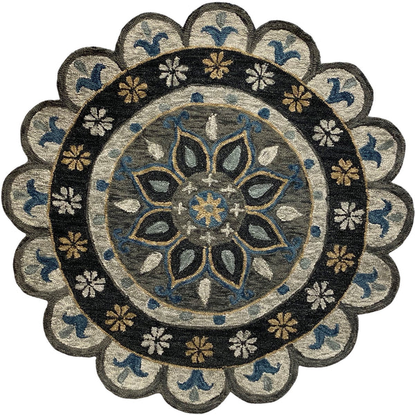 3' Round Gray Border Floral Medallion Area Rug