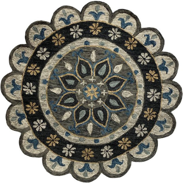7' Round Gray Border Floral Medallion Area Rug