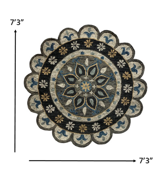 7' Round Gray Border Floral Medallion Area Rug