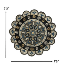 7' Round Gray Border Floral Medallion Area Rug