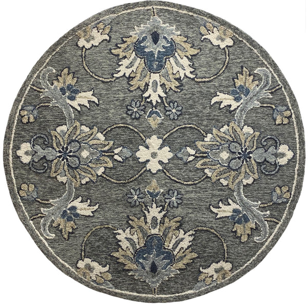 3' Round Gray Floral FIligree Area Rug