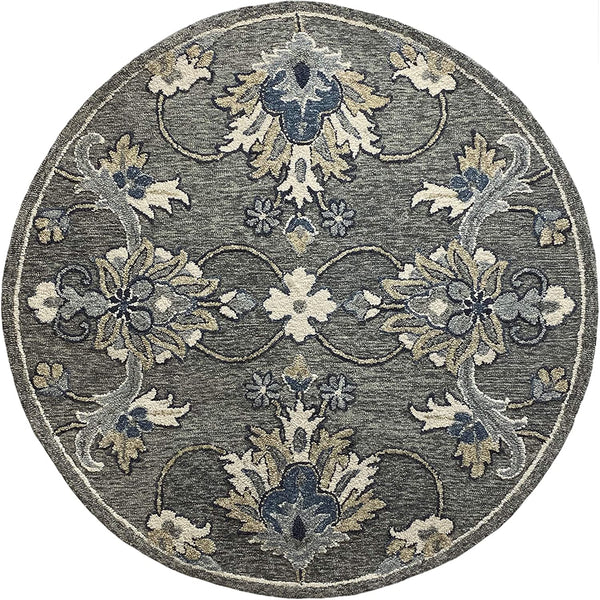 7' Round Gray Intricate Jacobean Area Rug